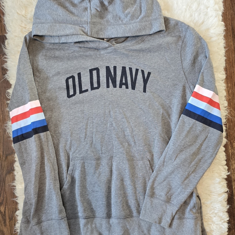 Old Navy Gray Hoodie with Colorful Striped Sleeves